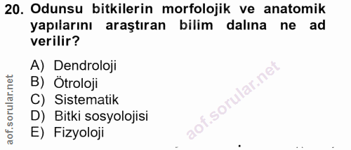 20. soru: Odunsu bitkilerin morfolojik ve anatomik yapılarını araştıran bilim dalına ne ad verilir? A) Dendroloji B) Ötroloji C…