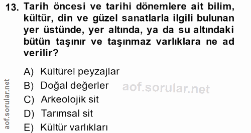 13. soru: Tarih öncesi ve tarihi dönemlere ait bilim, kültür, din ve güzel sanatlarla ilgili bulunan yer üstünde, yer altında,…