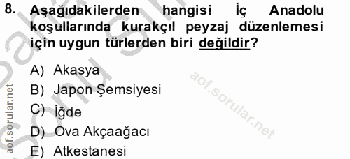 8. soru: Aşağıdakilerden hangisi Iç Anadolu koşullarında kurakçıl peyzaj düzenlemesi için uygun türlerden biri değildir? A) Ak…