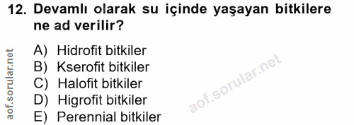 12. soru: Devamlı olarak su içinde yaşayan bitkilere ne ad verilir? A) Hidrofit bitkiler B) Kserofit bitkiler C) Halofit bitkil…
