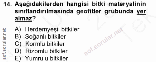 14. soru: Aşağıdakilerden hangisi bitki materyalinin sınıflandırılmasında geofitler grubunda yer almaz? A) Herdemyeşil bitkiler…