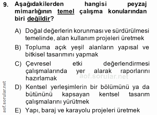 9. soru: Aşağıdakilerden hangisi peyzaj mimarlığının temel çalışma konularından biri değildir? A) Doğal değerlerin korunması v…