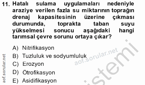 11. soru: Hatalı sulama uygulamaları nedeniyle araziye verilen fazla su miktarının toprağın drenaj kapasitesinin üzerine Çıkmas…