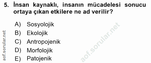 5. soru: İnsan kaynaklı, insanın mücadelesi sonucu ortaya çıkan etkilere ne ad verilir? A) Sosyolojik B) Ekolojik C) Antropoje…
