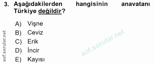 3. soru: Aşağıdakilerden hangisinin anavatanı Türkiye değildir? A) Vişne B) Ceviz C) Erik D) Incir E) Kayısı