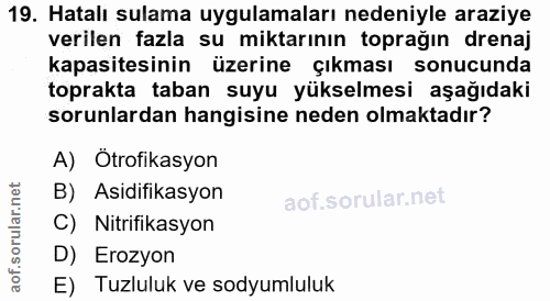 19. soru: Hatalı sulama uygulamaları nedeniyle araziye verilen fazla su miktarının toprağın drenaj kapasitesinin üzerine çıkmas…