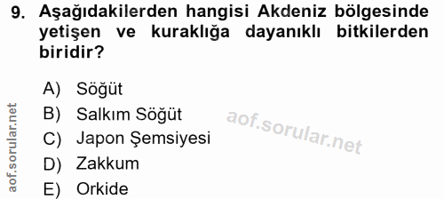 9. soru: Aşağıdakilerden hangisi Akdeniz bölgesinde yetişen ve kuraklığa dayanıklı bitkilerden biridir? A) Söğüt B) Salkım Söğ…