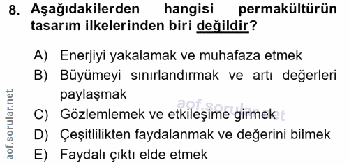 8. soru: Aşağıdakilerden hangisi permakültürün tasarım ilkelerinden biri değildir? A) Enerjiyi yakalamak ve muhafaza etmek B)…