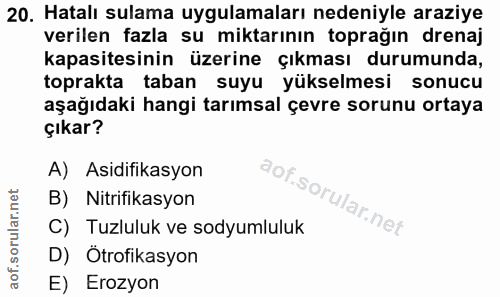 20. soru: Hatalı sulama uygulamaları nedeniyle araziye verilen fazla su miktarının toprağın drenaj kapasitesinin üzerine çıkmas…