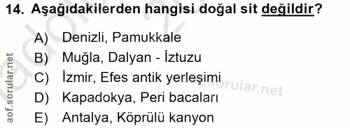 14. soru: Aşağıdakilerden hangisi doğal sit değildir? A) Denizli, Pamukkale B) Muğla, Dalyan - Iztuzu C) İzmir, Efes antik yerl…