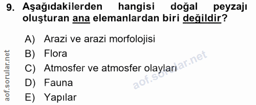 9. soru: Aşağıdakilerden hangisı doğal peyzajı oluşturan ana elemanlardan biri değildir? A) Arazi ve arazi morfolojisi C) Atmo…