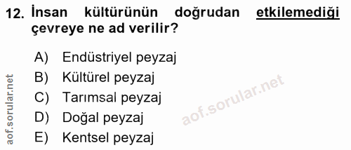 12. soru: İnsan kültürünün dogrudan etkilemediği çevreye ne ad verilir? A) Endüstriyel peyzaj B) Kültürel peyzaj C) Tarımsal pe…