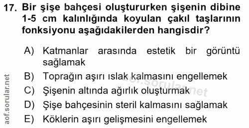 17. soru: Bir şişe bahçesi oluştururken şişenin dibine 1-5 cm kalınlığında koyulan çakıl taşlarının fonksiyonu aşağıdakilerden…