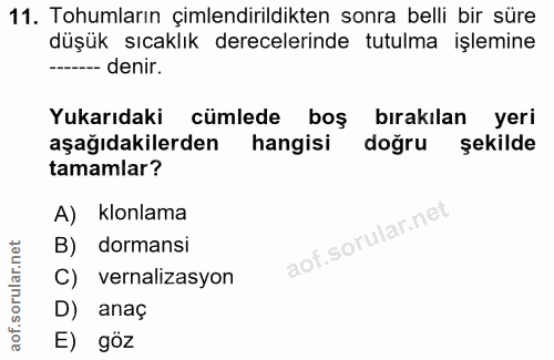 11. soru: Tohumların çimlendirildikten sonra belli bir süre düşük sıcaklık derecelerinde tutulma işlemine ----- denir. Yukarıda…