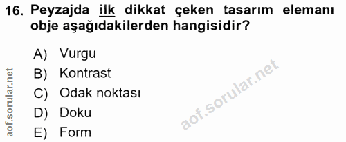 16. soru: Peyzajda ilk dikkat çeken tasarım elemanı obje aşağıdakilerden hangisidir? A) Vurgu B) Kontrast C) Odak noktası D) Do…