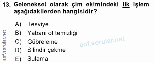 13. soru: Geleneksel olarak çim ekimindeki ilk işlem aşağıdakilerden hangisidir? A) Tesviye B) Yabani ot temizliği C) Gübreleme…
