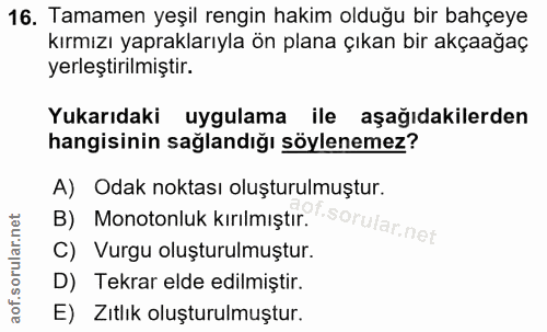 16. soru: Tamamen yeşil rengin hakim olduğu bir bahçeye kırmızı yapraklarıyla ön plana çıkan bir akçaağaç yerleştirilmiştir. Yu…