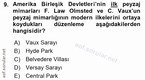 9. soru: Amerika Birleşik Devletleri'nin ilk peyzaj mimarları F. Law Olmsted ve C. Vaux'un peyzaj mimarlığının modern ilkeleri…