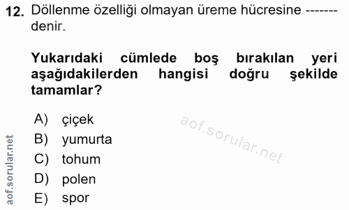 12. soru: Döllenme özelliği olmayan üreme hücresine denir. Yukarıdaki cümlede boş bırakılan yeri aşağıdakilerden hangisi doğru…