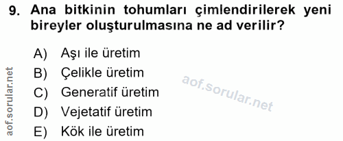 9. soru: Ana bitkinin tohumları çimlendirilerek yeni bireyler oluşturulmasına ne ad verilir? A) Aşı ile üretim B) Çelikle üret…