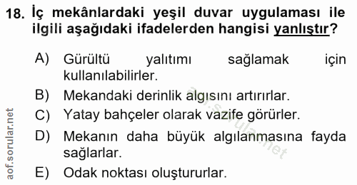 18. soru: İç mekânlardaki yeşil duvar uygulaması ile ilgili aşağıdaki ifadelerden hangisi yanlıştır? A) Gürültü yalıtımı sağlam…