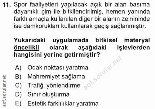 11. soru: Spor faaliyetleri yapılacak açık bir alan basıma dayanıklı çim ile bitkilendirilmiş, hemen yanında farklı amaçla kull…