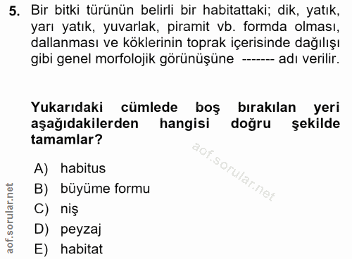 5. soru: Bir bitki türünün belirli bir habitattaki; dik, yatık, yarı yatık, yuvarlak, piramit vb. formda olması, dallanması ve…