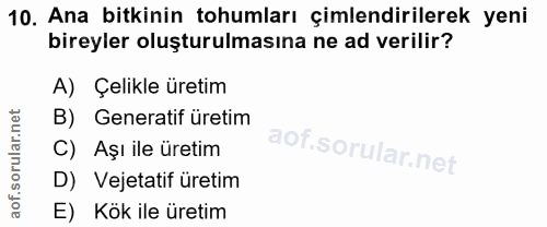 10. soru: Ana bitkinin tohumları çimlendirilerek yeni bireyler oluşturulmasına ne ad verilir? A) Çelikle üretim B) Generatif ür…