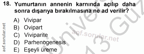 18. soru: Yumurtanın annenin karnında açılıp daha sonra dışarıya bırakılmasına ne ad verilir? A) Vivipar B) Ovipart C) Vivipari…