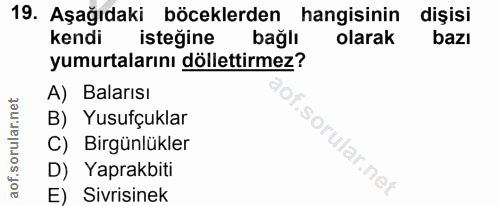 19. soru: Aşağıdaki böceklerden hangisinin dişisi kendi isteğine bağlı olarak bazı yumurtalarını döllettirmez? A) Balarısı B) Y…