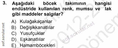 3. soru: Aşağıdaki böcek takımının hangisi endüstride kullanılan renk, mumsu ve lak gibi maddeler salgılar? A) Kulağakaçanlar…