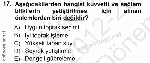 17. soru: Aşağıdakilerden hangisi kuvvetli ve sağlam bitkilerin yetiştirilmesi için alınan önlemlerden biri değildir? A) Uygun…