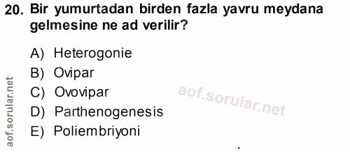 20. soru: Bir yumurtadan birden fazla yavru meydana gelmesine ne ad verilir? A) Heterogonie B) Ovipar C) Ovovipar D) Parthenoge…