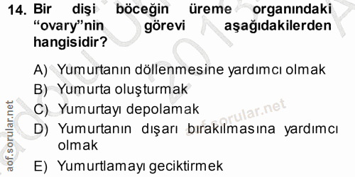 14. soru: Bir diși böceğin üreme organındaki "ovary"nin görevi aşağıdakilerden hangisidir? A) Yumurtanın döllenmesine yardımcı…