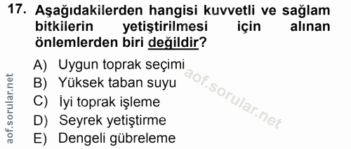 17. soru: Aşağıdakilerden hangisi kuvvetli ve sağlam bitkilerin yetiştirilmesi için alınan önlemlerden biri değildir? A) Uygun…