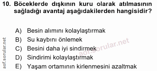 10. soru: Böceklerde dışkının kuru olarak atılmasının sağladığı avantaj aşağıdakilerden hangisidir? A) Besin alımını kolaylaştı…