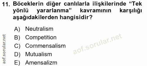 11. soru: Böceklerin diğer canlılarla ilişkilerinde "Tek yönlü yararlanma" kavramının Karşılığı aşağıdakilerden hangisidir? A)…