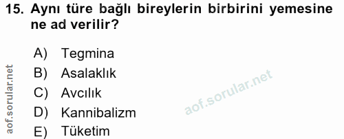 15. soru: Aynı türe bağlı bireylerin birbirini yemesine ne ad verilir? A) Tegmina B) . Asalaklık C) Avcılık D) Kannibalizm E) T…