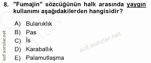 8. soru: "Fumajin" sözcüğünün halk arasında yaygın kullanımı aşağıdakilerden hangisidir? A) Bulanıklık B) Pas C) is D) Karabal…