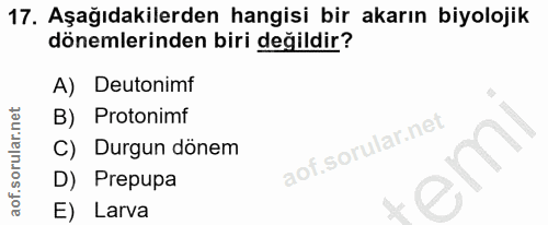 17. soru: Aşağıdakilerden hangisi bir akarın biyolojik dönemlerinden biri değildir? A) Deutonimf B) Protonimf Durgun dönem D) P…