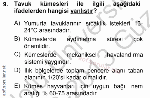 9. soru: Tavuk kümesleri ile ilgili aşağıdaki ifadelerden hangisi yanlıştır? A) Yumurta tavuklarının sıcaklık istekleri 13- 24…
