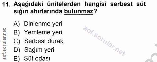 11. soru: Aşağıdaki ünitelerden hangisi serbest süt sığırı ahırlarında bulunmaz? A) Dinlenme yeri B) Yemleme yeri C) Serbest du…
