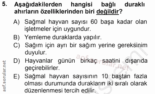 5. soru: Aşağıdakilerden hangisi bağlı duraklı ahırların özelliklerinden biri değildir? A) Sağmal hayvan sayısı 60 başa kadar…