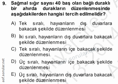 9. soru: Sağmal sığır sayısı 40 baş olan bağlı duraklı bir ahırda duraklarin düzenlenmesinde aşağıdakilerden hangisi tercih ed…