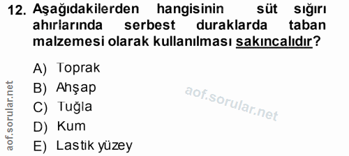 12. soru: Aşağıdakilerden hangisinin süt sığırı ahırlarında serbest duraklarda taban malzemesi olarak kullanılması sakıncalıdır…