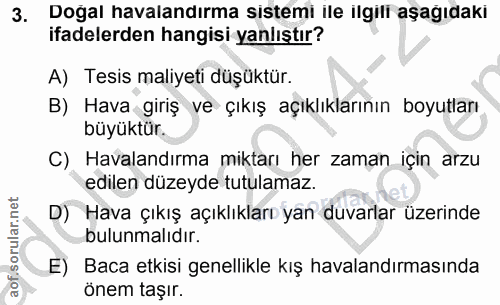 3. soru: Doğal havalandırma sistemi ile ilgili aşağıdaki ifadelerden hangisi yanlıştır? A) Tesis maliyeti düşüktür. B) Hava gi…