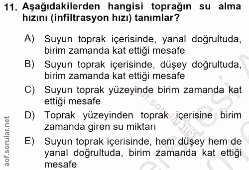 11. soru: Aşağıdakilerden hangisi toprağın su alma hızını (infiltrasyon hizı) tanımlar? A) Suyun toprak içerisinde, yanal doğru…