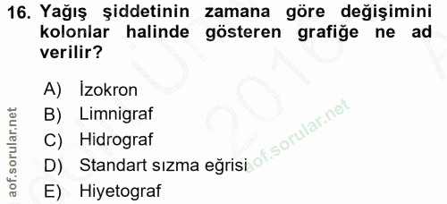 16. soru: Yağış şiddetinin zamana göre değişimini kolonlar halinde gösteren grafiğe ne ad verilir? A) Izokron B) Limnigraf D) S…