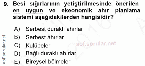 9. soru: Besi sığırlarının yetiştirilmesinde önerilen en uygun ve ekonomik ahır planlama sistemi aşağıdakilerden hangisidir? A…