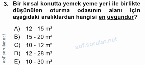 3. soru: Bir kırsal konutta yemek yeme yeri ile birlikte düşünülen oturma odasının alanı için aşağıdaki aralıklardan hangisi e…